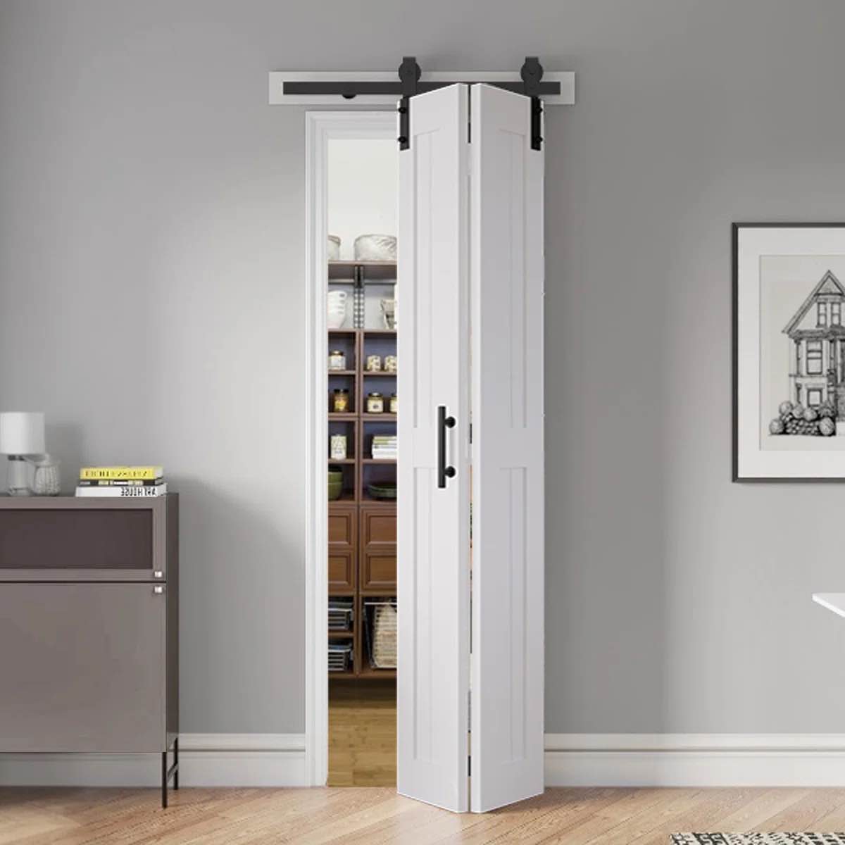 S&Z TOPHAND® White Bi-Fold MDF Sliding Folding Double Barn Door With Hardware Kit & Solid Handle, MDF With Water-Proof PVC Surface Complete Door, No Assembly Required