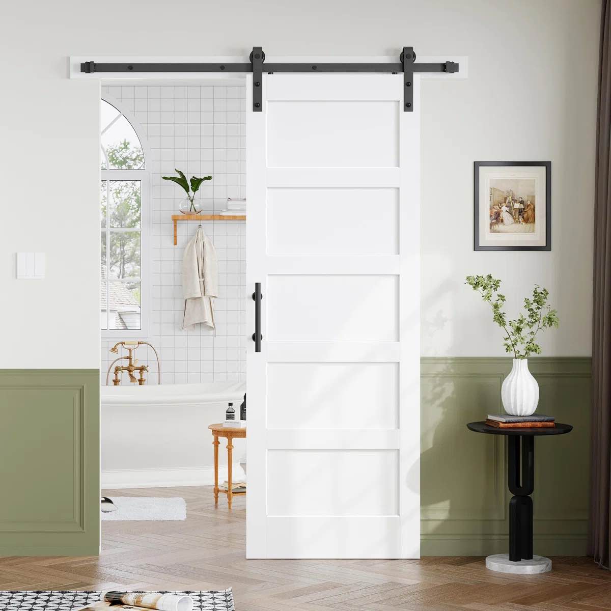5-panel manufactured wood barn door with installation hardware kit