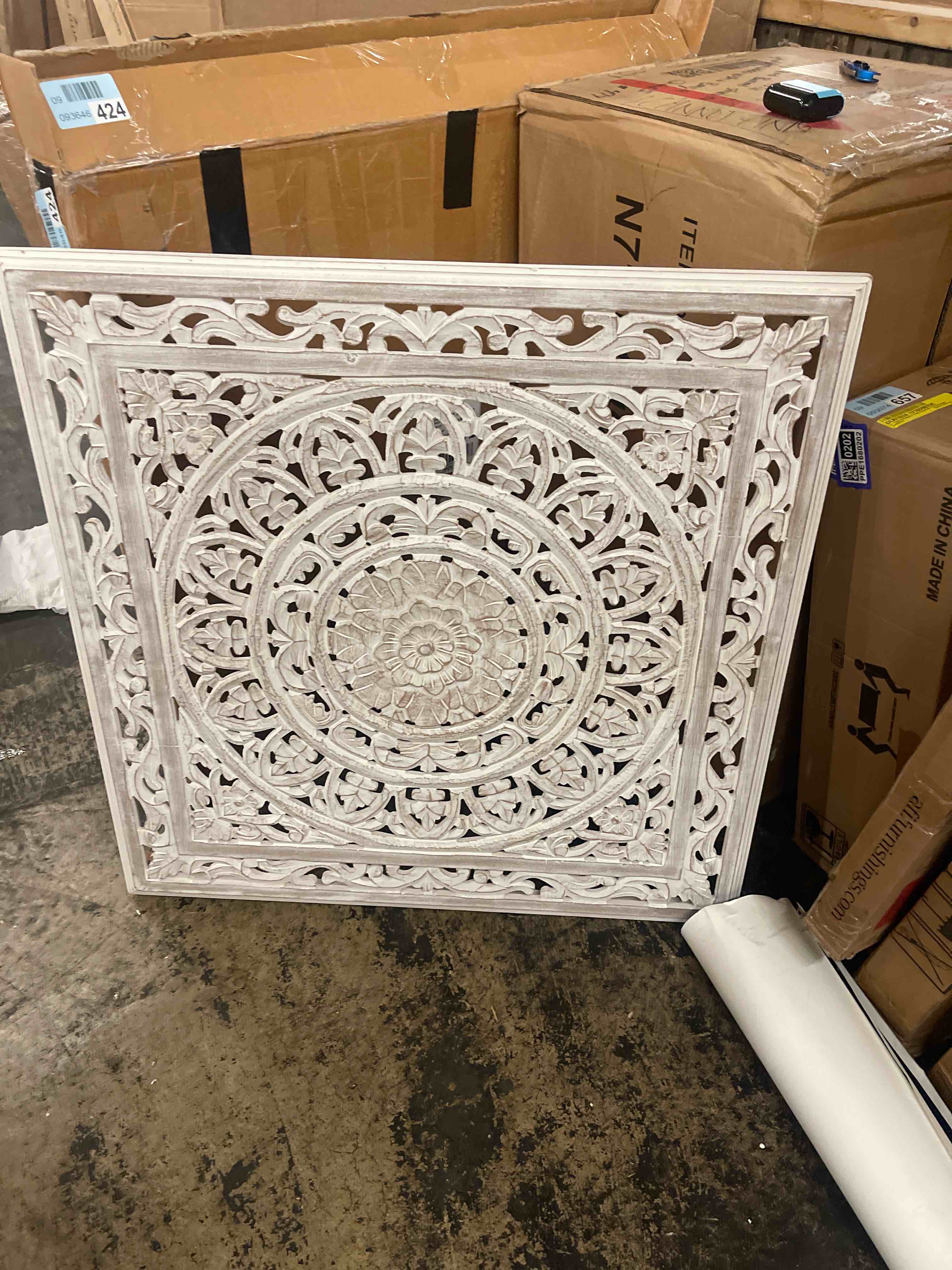 Condition photo showing New/Like New for deco 79 wood floral handmade intricately carved wall decor with mandala design, 36" x 1" x 36", brown khaki