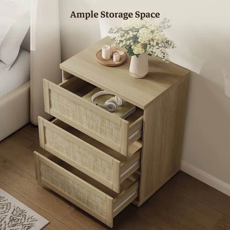 Condition photo showing New/Like New for sicotas 24.9 inch w 3-drawer rattan dresser for bedroom, modular bedroom dresser with pop-up drawers 
