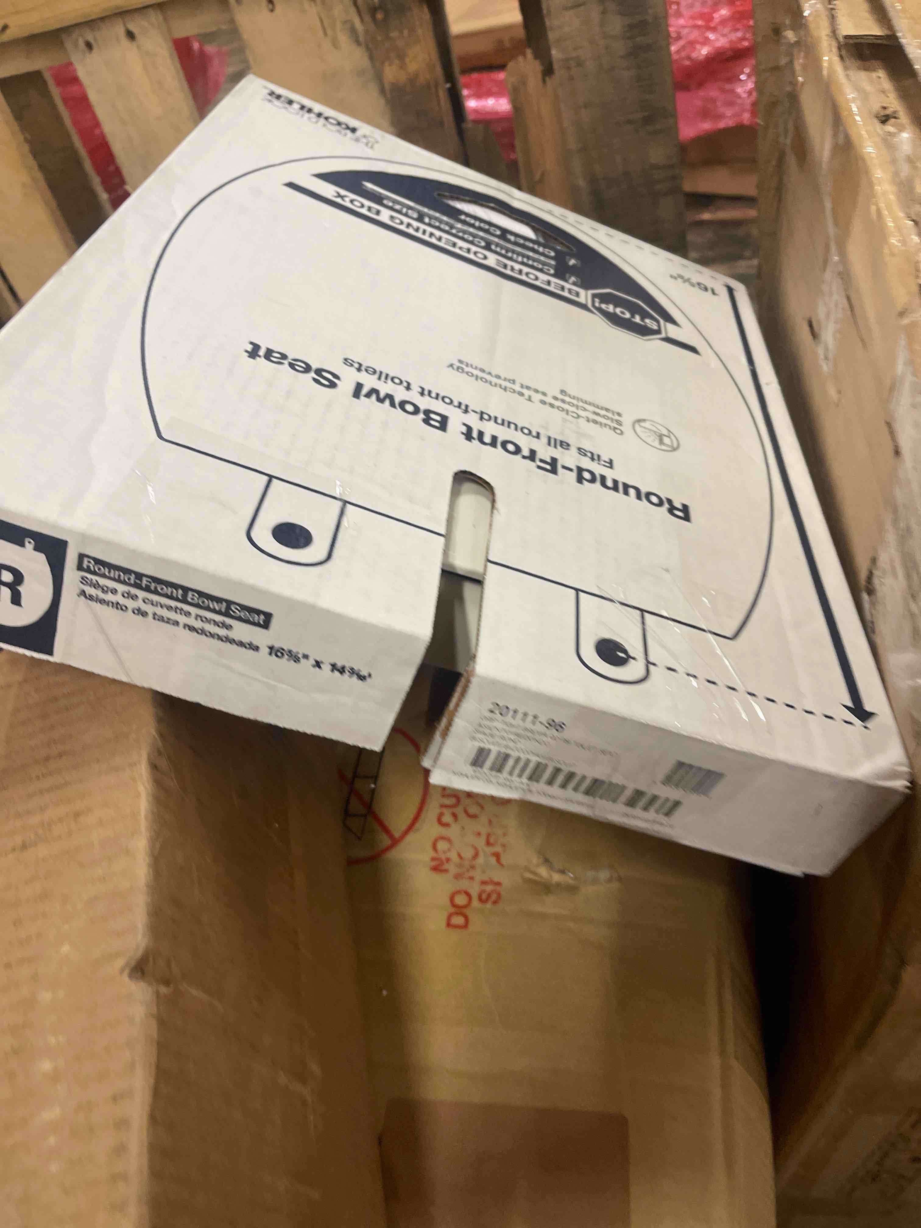 Condition photo showing New/Like New for kohler 20111-96 brevia, slow close toilet seat, round toilet seat, grip-tight bumpers quick-attach hardware, biscuit biscuit round quiet-close