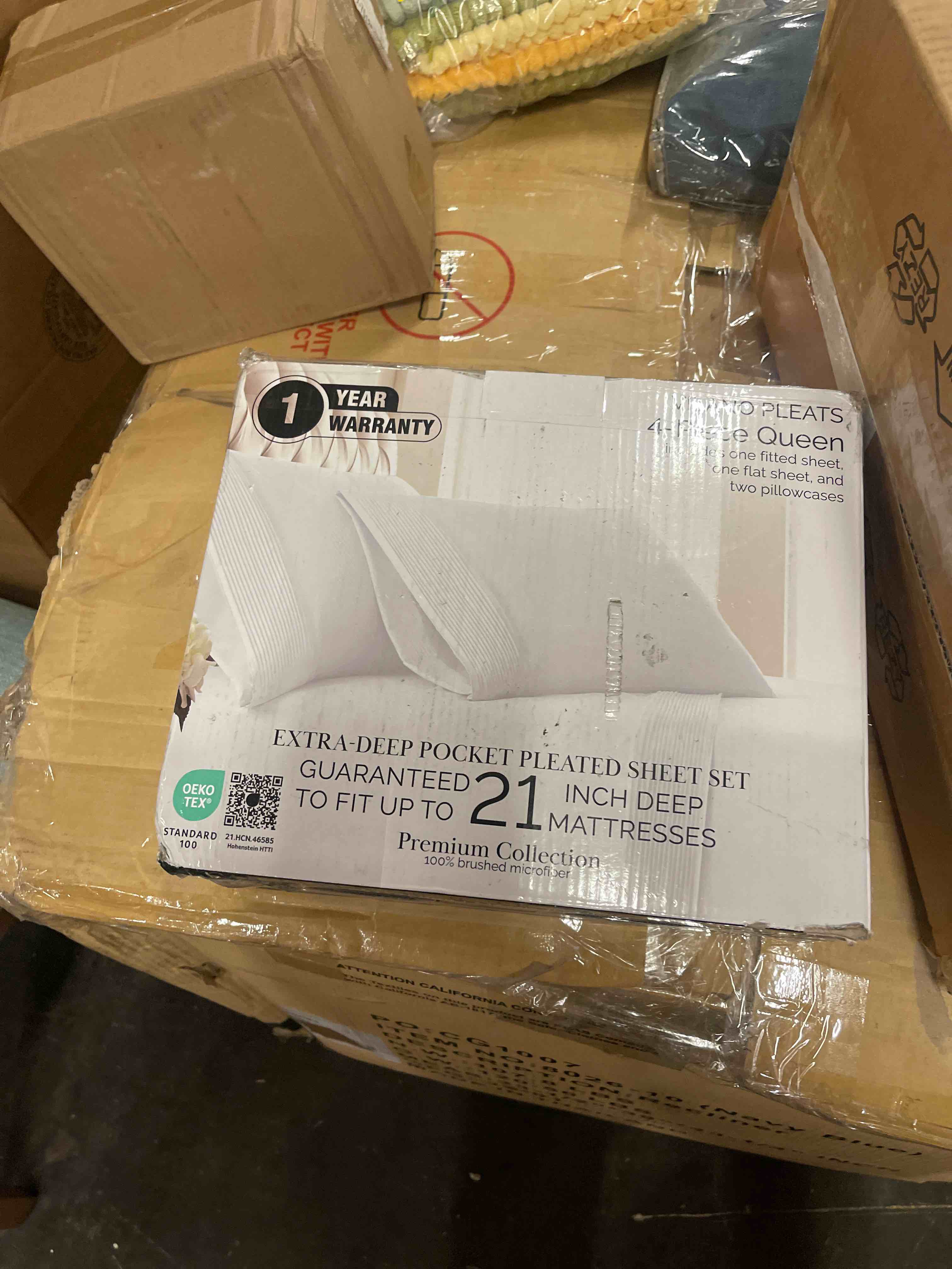 Condition photo showing New/Like New for southshore fine living, inc. pleated hem, 4-piece, 21 inch extra deep pocket queen sheets set, easy care white queen sheets deep pocket with embroidered hem, pet hair resistant sheets, bright white