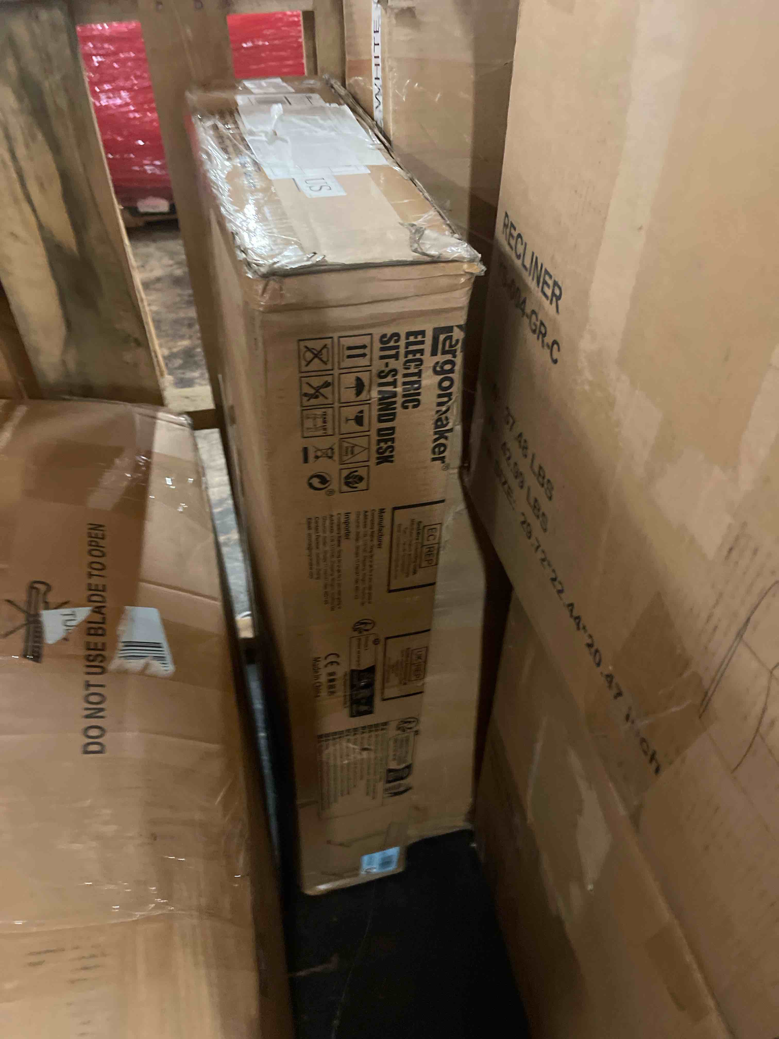 Condition photo showing New/Like New for 35" electric standing desk, adjustable height, sit stand up desk for home office & computer workstations, memory controller, rustic brown