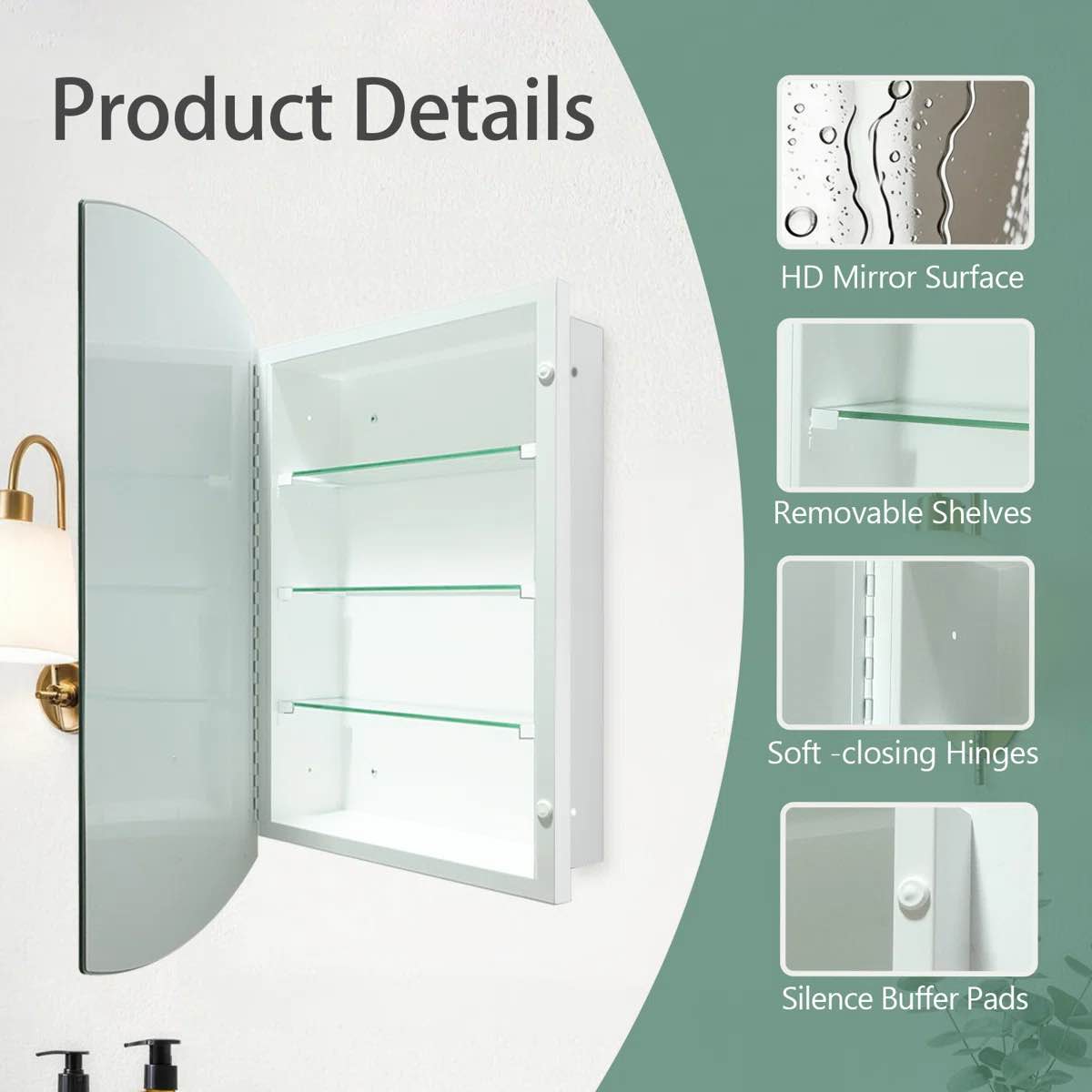 Condition photo showing New/Like New for frameless 16x26 inches medicine cabinet with storage,surface or recessed mount bathroom cabinet with 3 removable tempered glass shelves, bathroom & kitchen wall storage,no assembly?white?