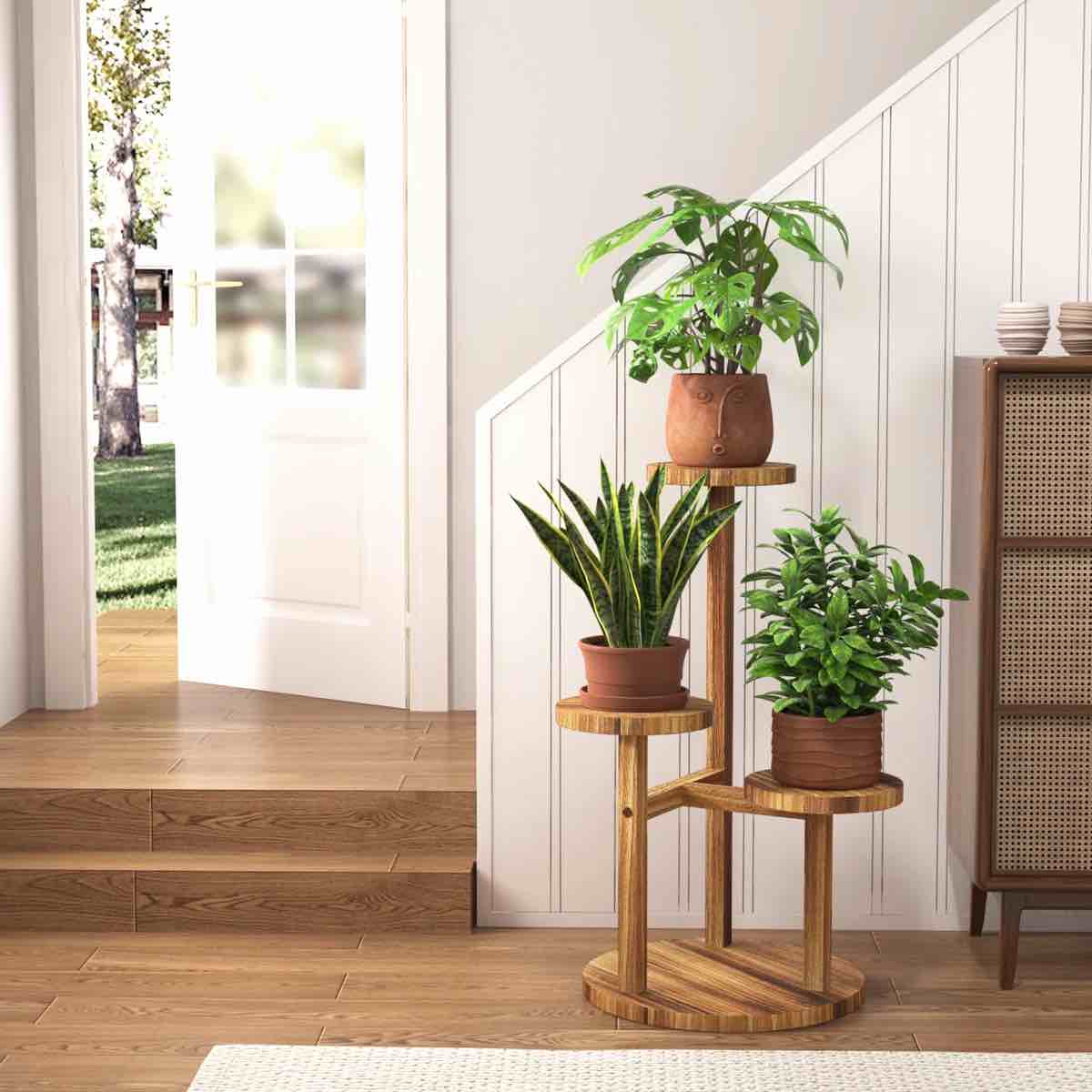 Condition photo showing New/Like New for 3 tier plant stand indoor, corner wood plant shelf for multiple plants, small tiered round flower stand for patio garden balcony living room bedroom, brown