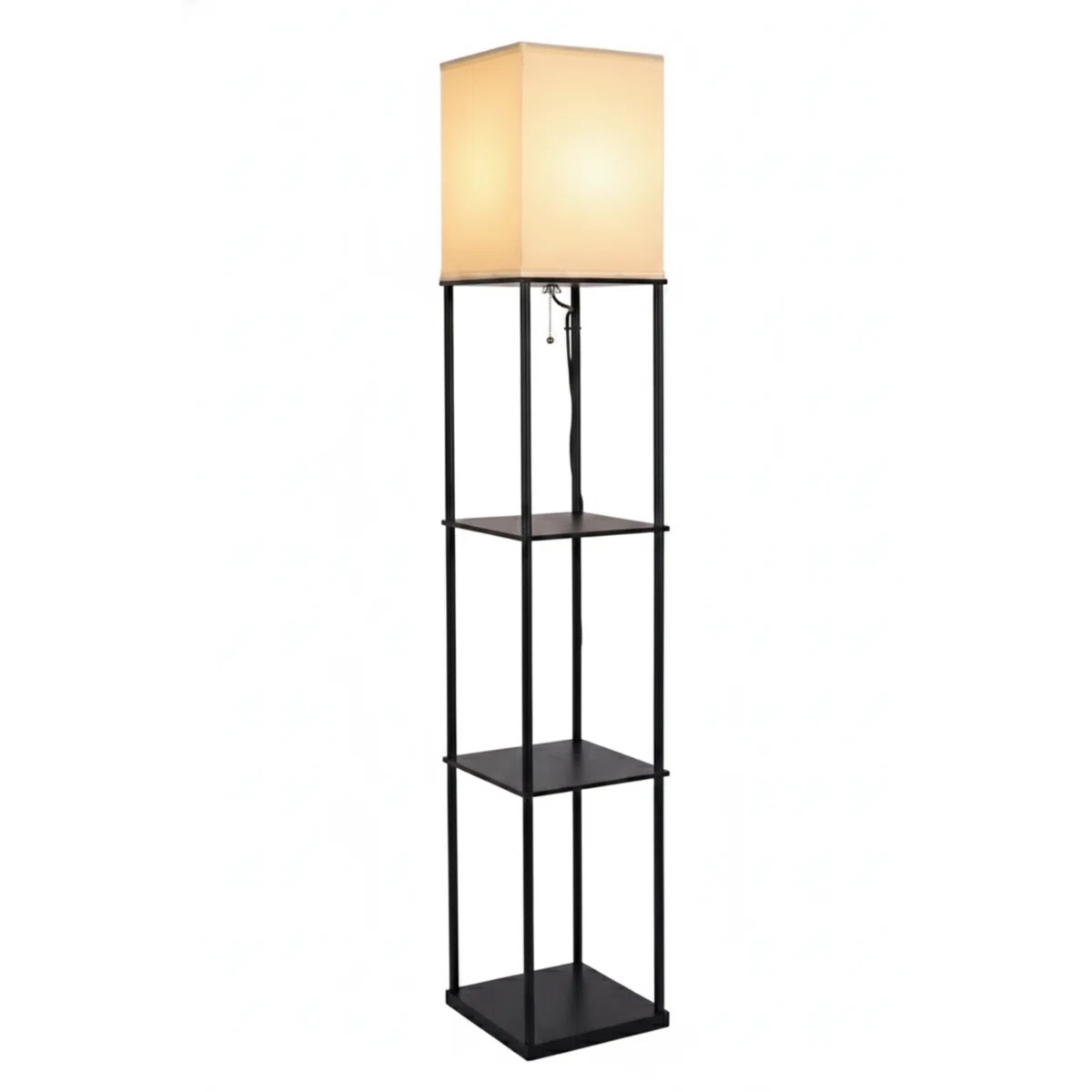 Condition photo showing New/Like New for floor lamp with shelves, modern square standing lamp with 3 color temperature bulb, corner display bookshelf lamp for living room, bedroom and office (black)