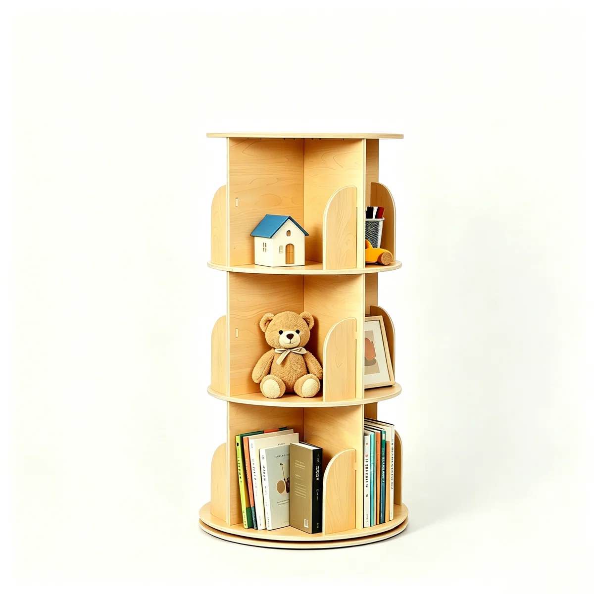 Condition photo showing New/Like New for rotating bookshelf, small footprint, large capacity corner bookcase