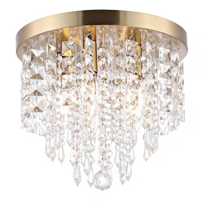 Condition photo showing New/Like New for 11 in. 5-light gold glam flush mount chandelier with clear k9 crystals