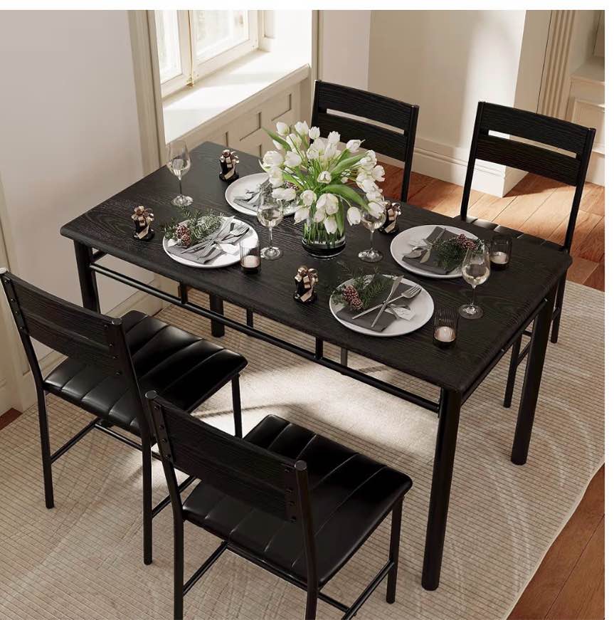 ironck dining table set for 4, wood kitchen table with upholstered chairs for kitchen & dining room, compact dining set for small spaces, black