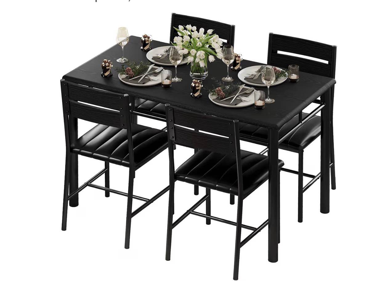 Condition photo showing New/Like New for ironck dining table set for 4, wood kitchen table with upholstered chairs for kitchen & dining room, compact dining set for small spaces, black