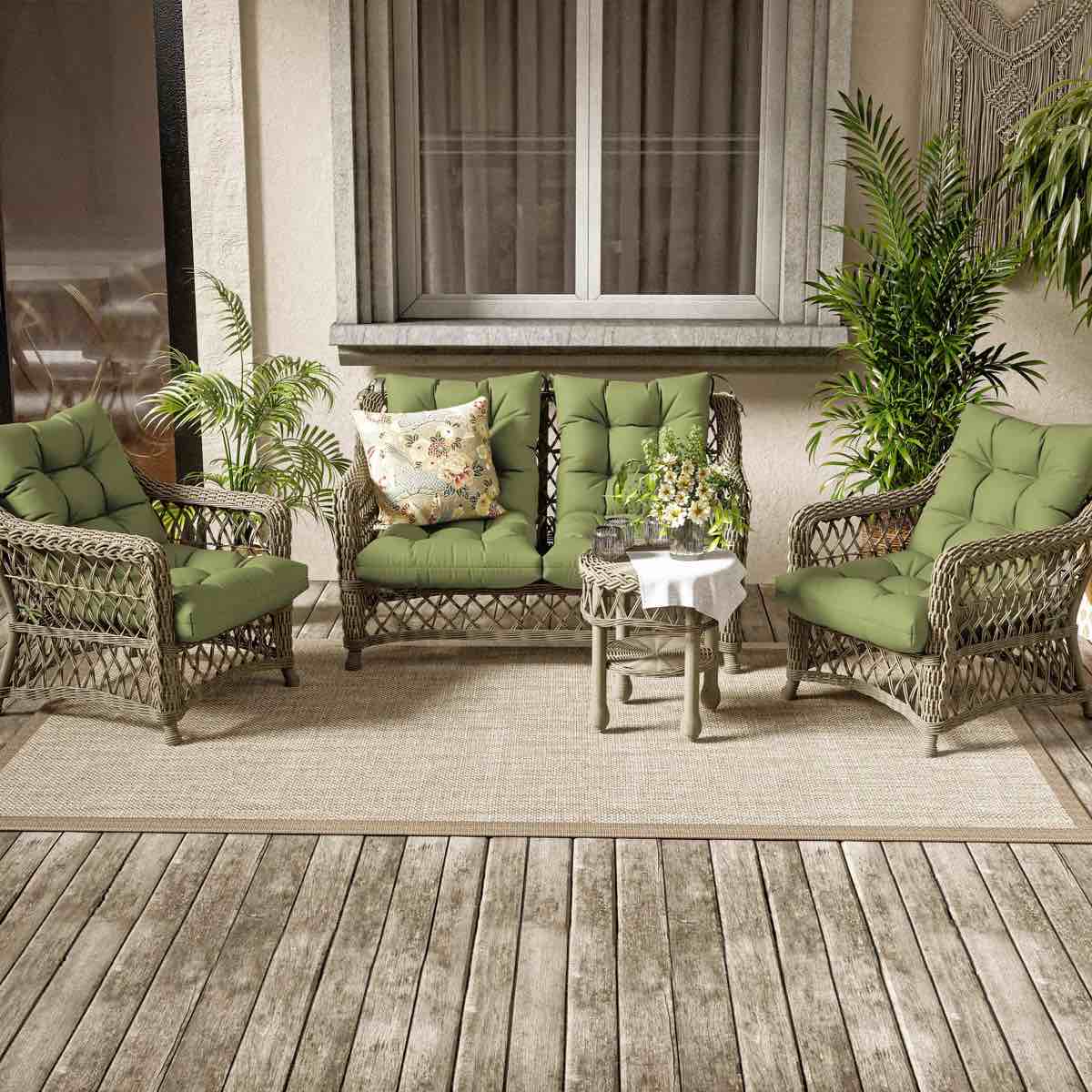 Condition photo showing New/Like New for 2-pack of outdoor high back chair cushions light green
