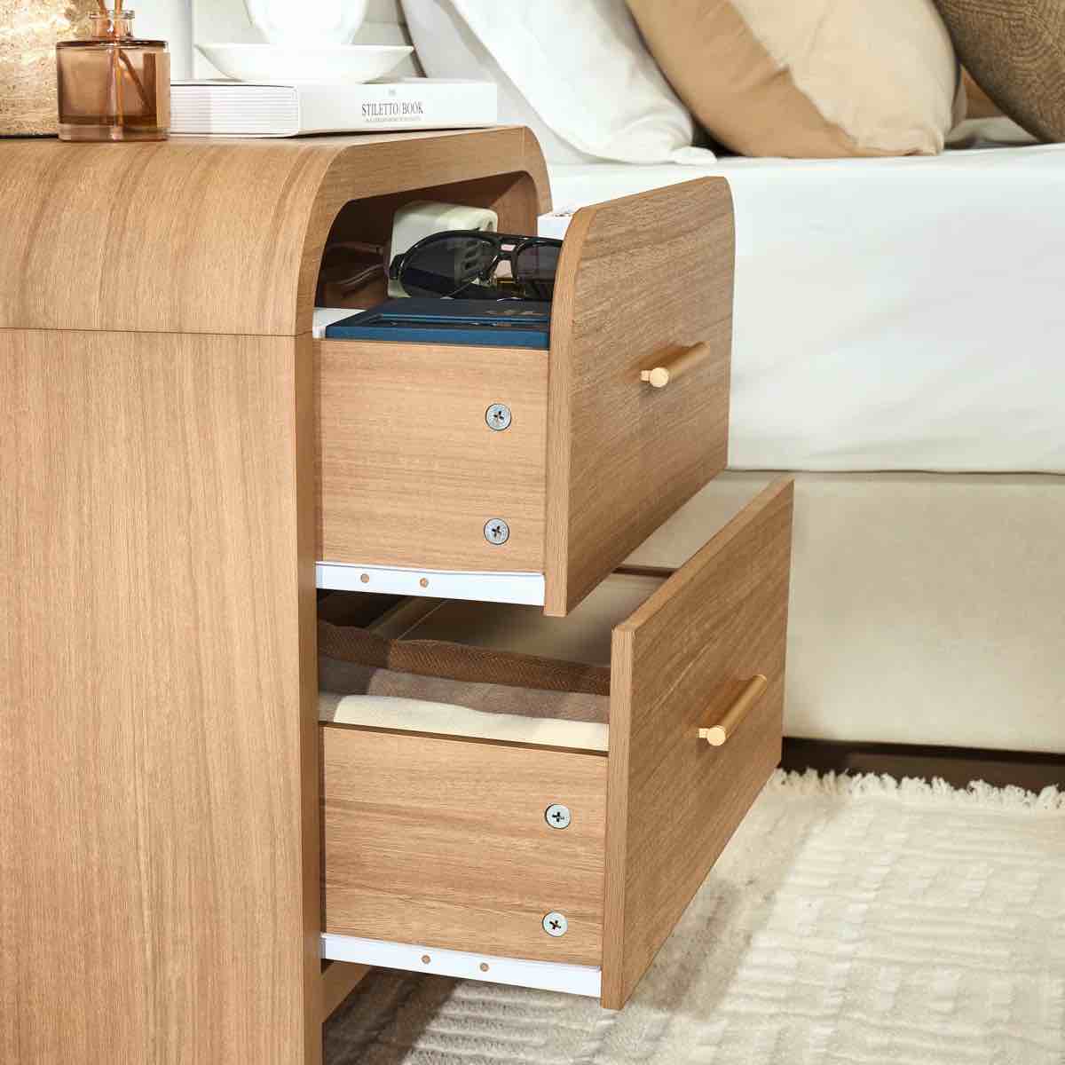 Condition photo showing New/Like New for modern 2-drawer nightstand - curved design with optimal storage balance-set of 2