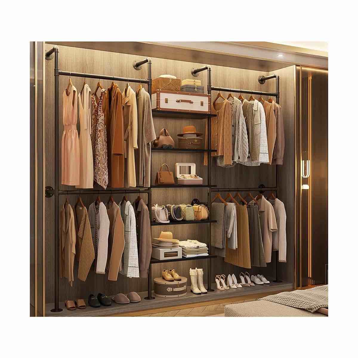 Condition photo showing New/Like New for industrial pipe clothing rack, reversible 6.42ft clothes rack for hanging clothes, heavy duty 5-tier closet wardrobe garment racks with shelves, corner closet organizer system, black