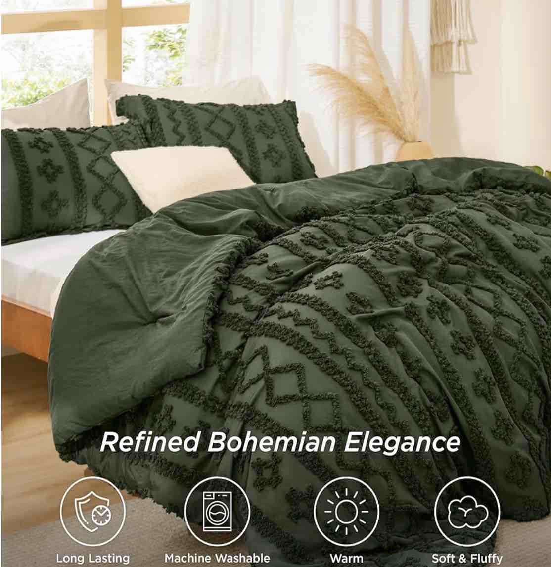 Condition photo showing New/Like New for tufted boho comforter set king size - olive green boho bed set, gentlesoft™ 3 pieces farmhouse-style embroidery bedding, gifts for woman, soft jacquard king comforter for all seasons