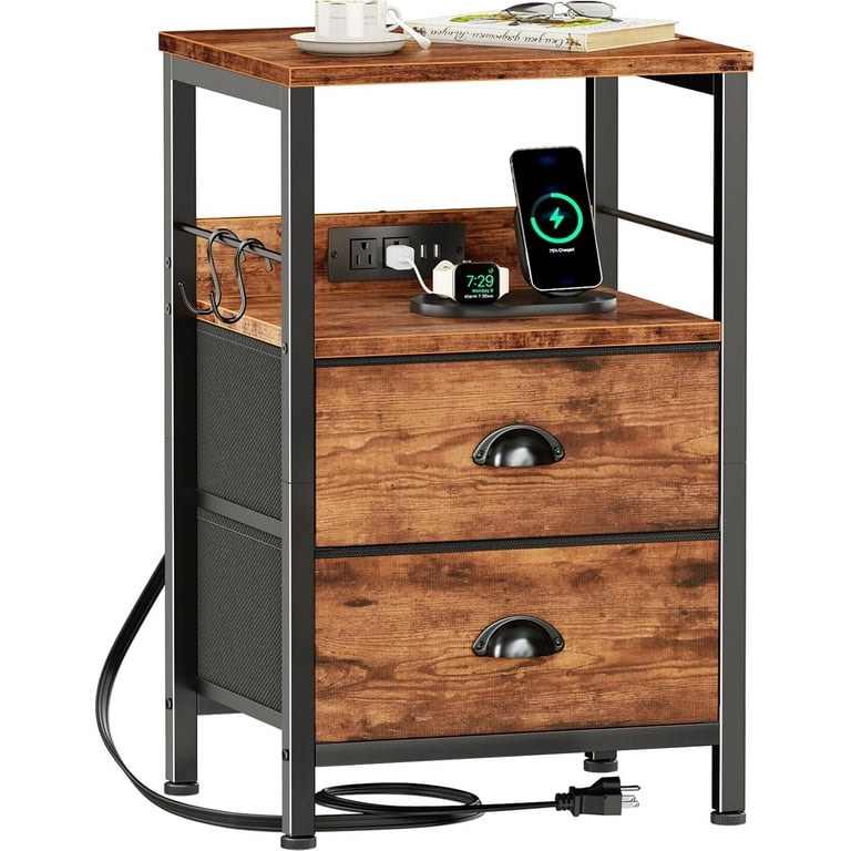 end table with charging station, nightstand with fabric drawers, side tables with usb ports & outlets, night stand with storage shelf & hooks, for living room/bedroom
