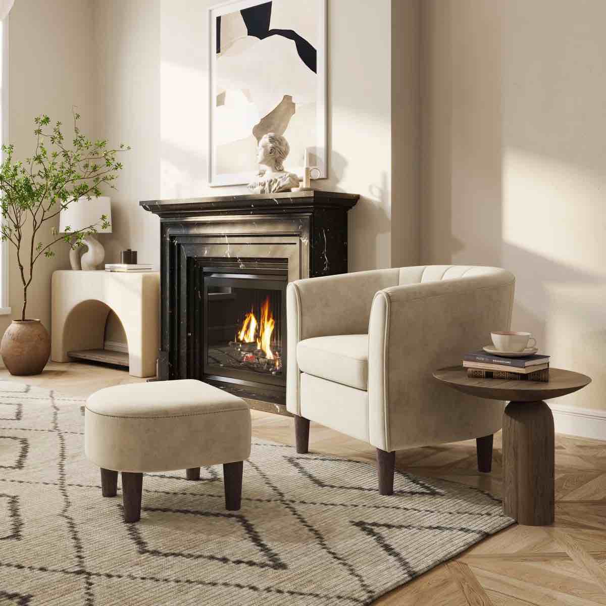 torrence upholstered barrel chair with ottoman