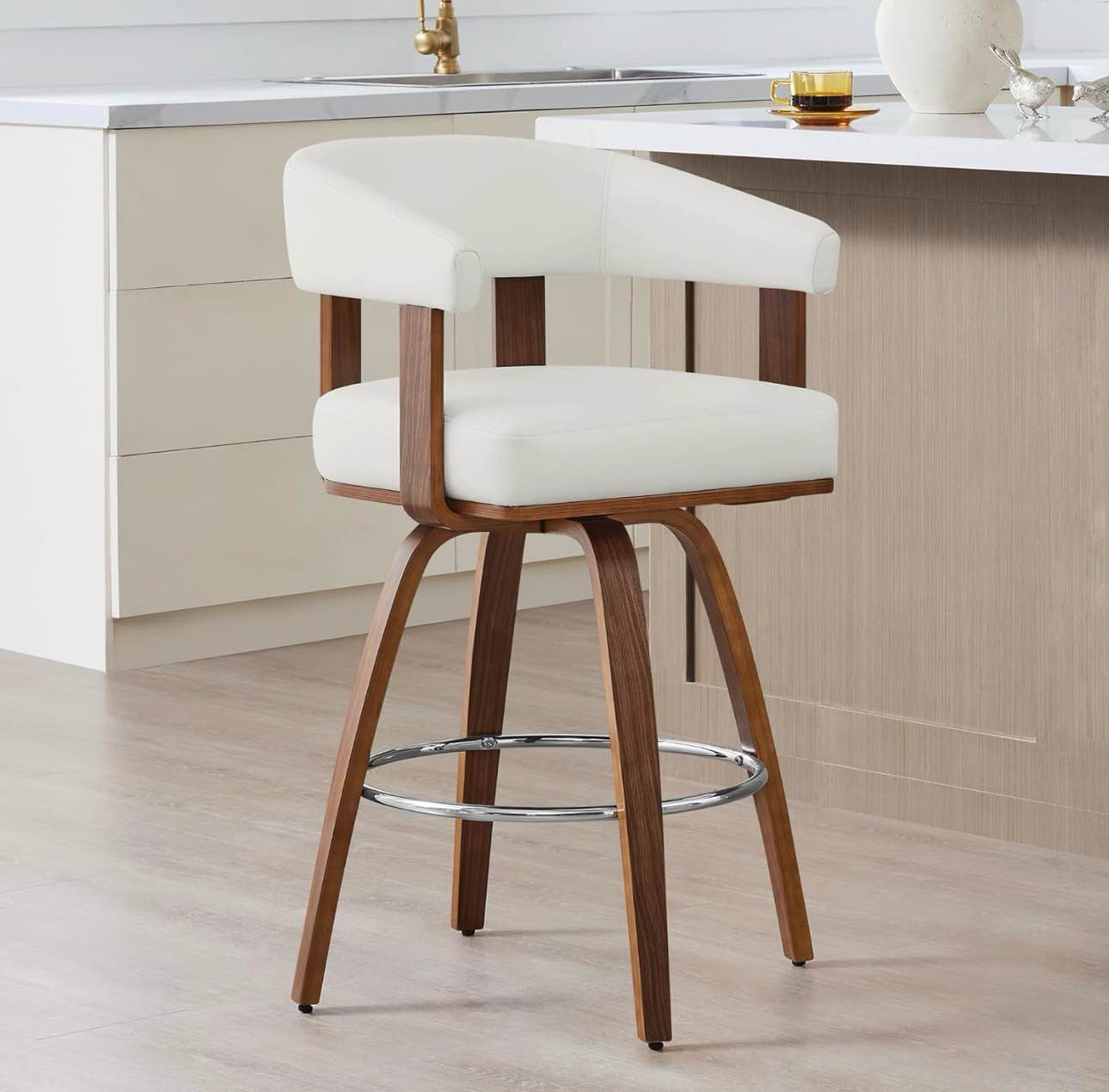 chita swivel counter height barstools set of 2, fsc certified faux leather upholstered bar stools with back and armrest for kitchen island home bar, 27" seat height, white with walnut frame