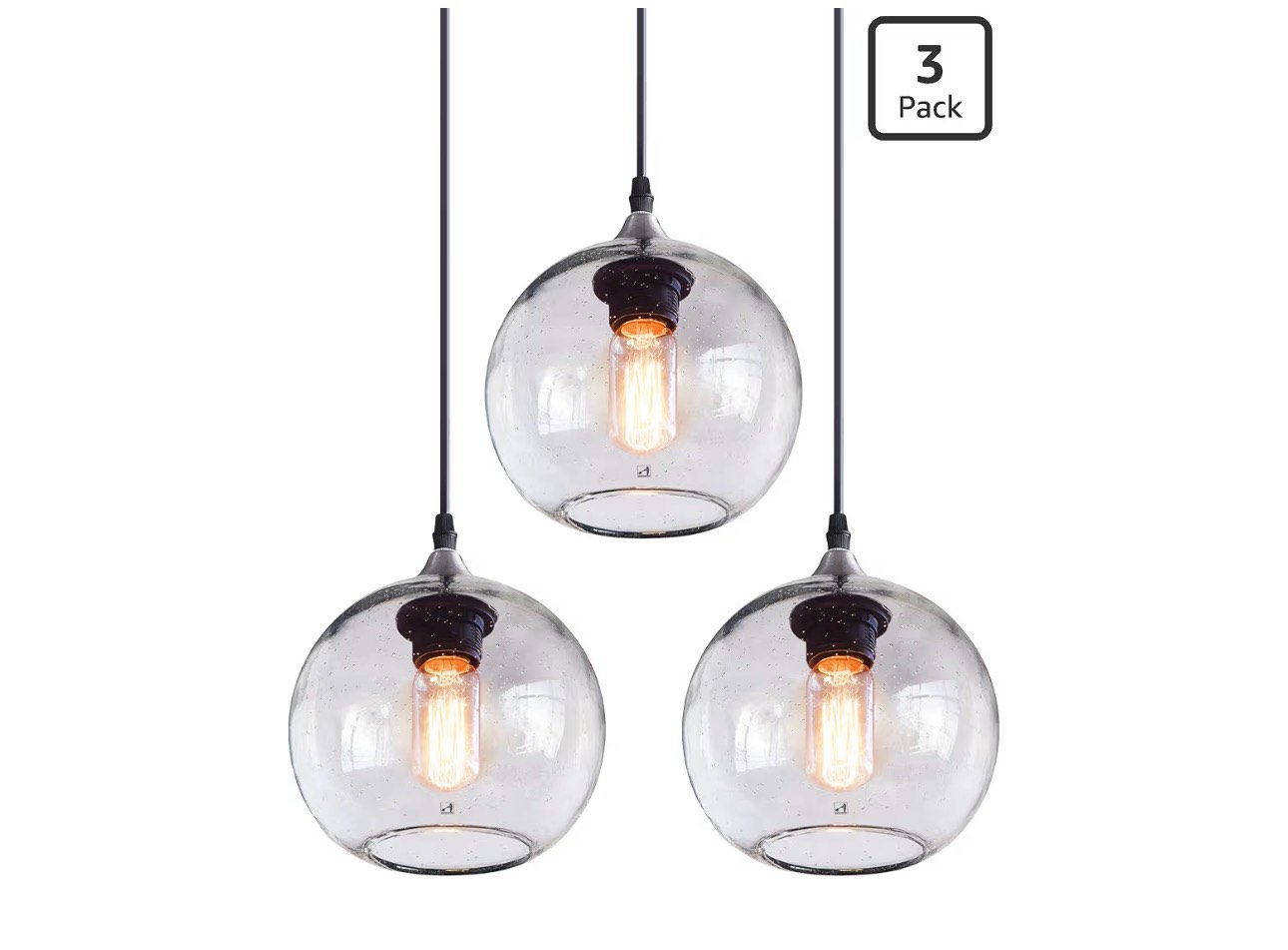 ariamotion globe pendant lights kitchen island 3 pack hand blown glass modern rustic lighting clear seeded bubbles dining room table coffee bar counter brushed nickel lamp 7.4 inch diam