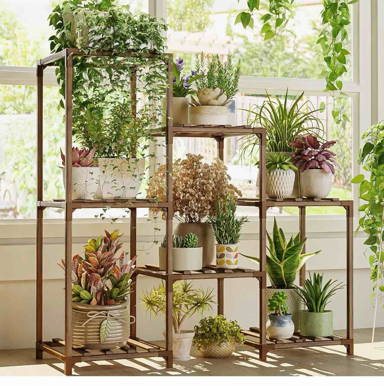 bamworld plant stand indoor plant shelf outdoor wood plant rack for multiple plants 3 tiers ladder plant holder for living room patio boho home decor for gardening