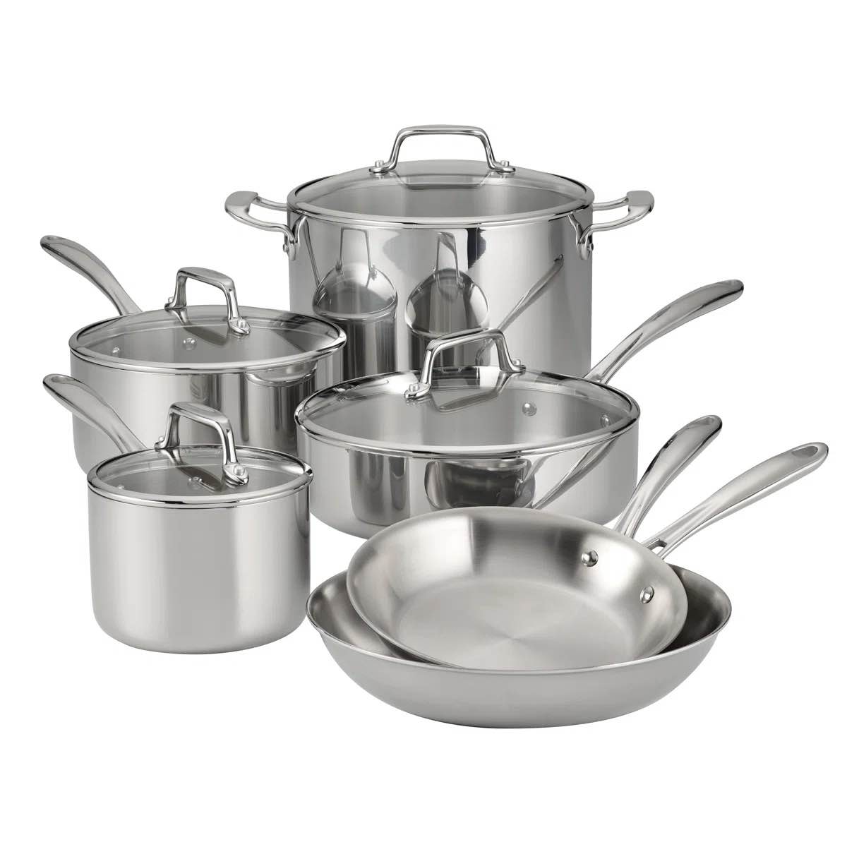tramontina tri-ply clad 10 pc stainless steel cookware set with glass lids