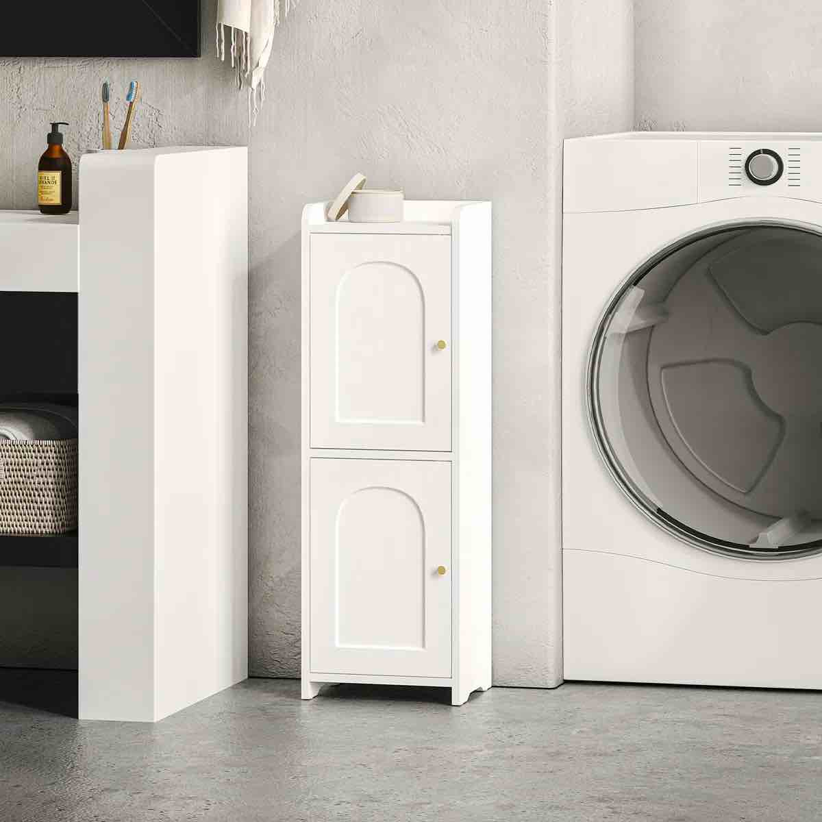 bathroom storage cabinet, small corner floor cabinet with 2 doors and adjustable shelf, narrow toilet paper cabinets, bathroom organizer for small spaces, 7.9" d x 7.9" w x 29.5" h white