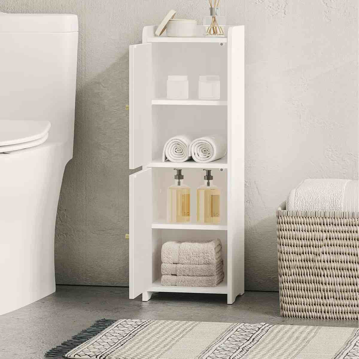 Condition photo showing New/Like New for bathroom storage cabinet, small corner floor cabinet with 2 doors and adjustable shelf, narrow toilet paper cabinets, bathroom organizer for small spaces, 7.9" d x 7.9" w x 29.5" h white