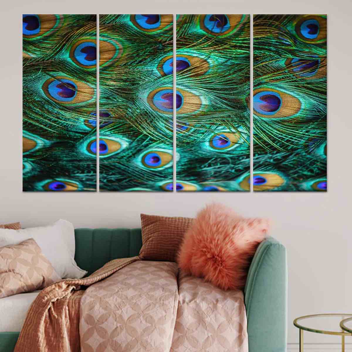 Condition photo showing New/Like New for vibrant peacock feather canvas print: elegant colorful home decor,4p wrapped canvas (set of 4) (similar to stock photo.)
