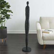 Black Polyresin People Tall Slim Figure Decorative Sculpture with Ribbed Body and Glitter Accents, 10" x 10" x 53"