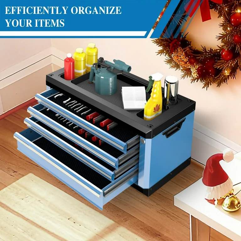 Condition photo showing New/Like New for 4-drawer portable tool box with lock, multifunctional countertop & stackable design, includes drawer liner, connects with 5&7-drawer chests