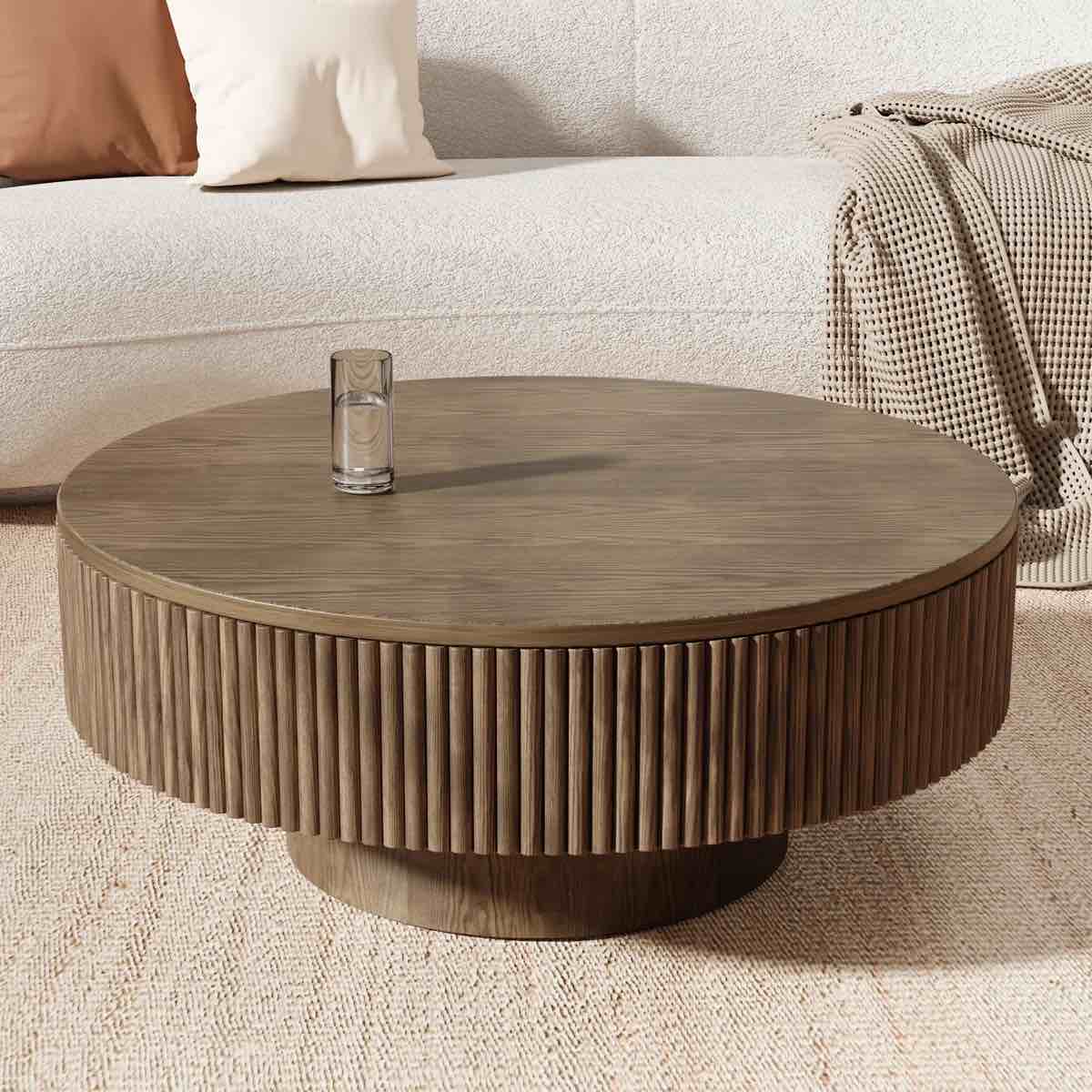 Round Fluted Coffee Table Mid Century Modern Coffee Tables with Handcrafted Relief Circle Drum End Table Rustic Industrial Center Tables for Apartment Living Room (Brown Round)