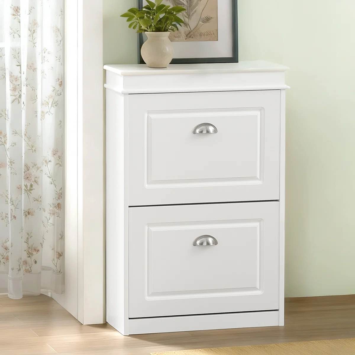 shoe cabinet narrow entryway shoe storage cabinet with 2 flip drawers,hidden slim shoe organizer for hallway,living room,white,21.3"w x 9.1"d x 32.3"h