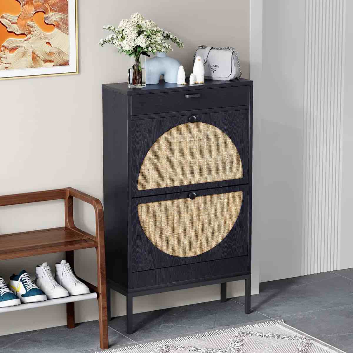 Shoe Cabinet With 2 Flip Drawers, Rattan Weave Shoe Rack Storage Organizer For Sneakers And Slippers, Freestanding Shoe Storage Cabinet With Adjustable Shelves