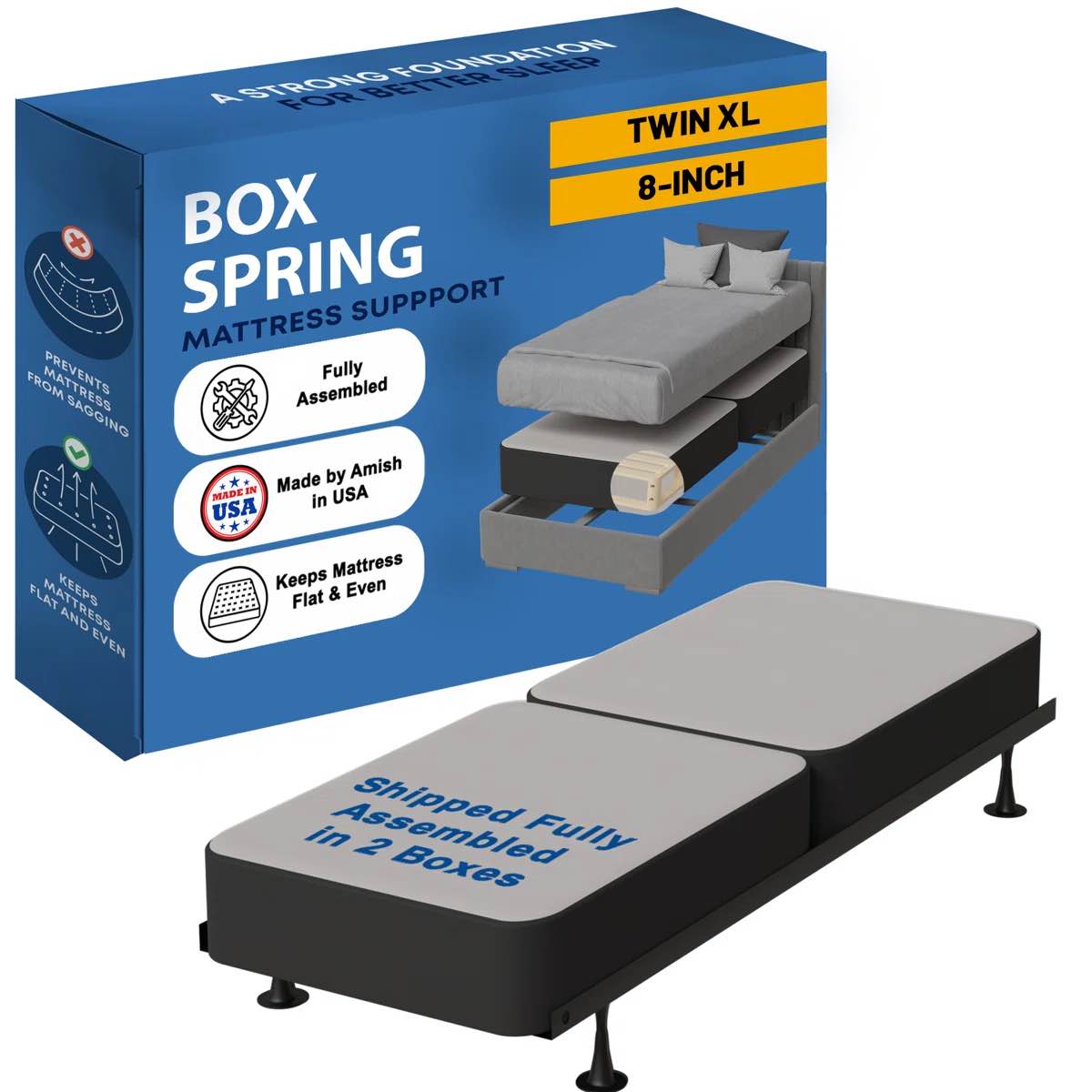 Split Wooden Box Spring / foundation for Mattress Support, Fully Assembled- Twin