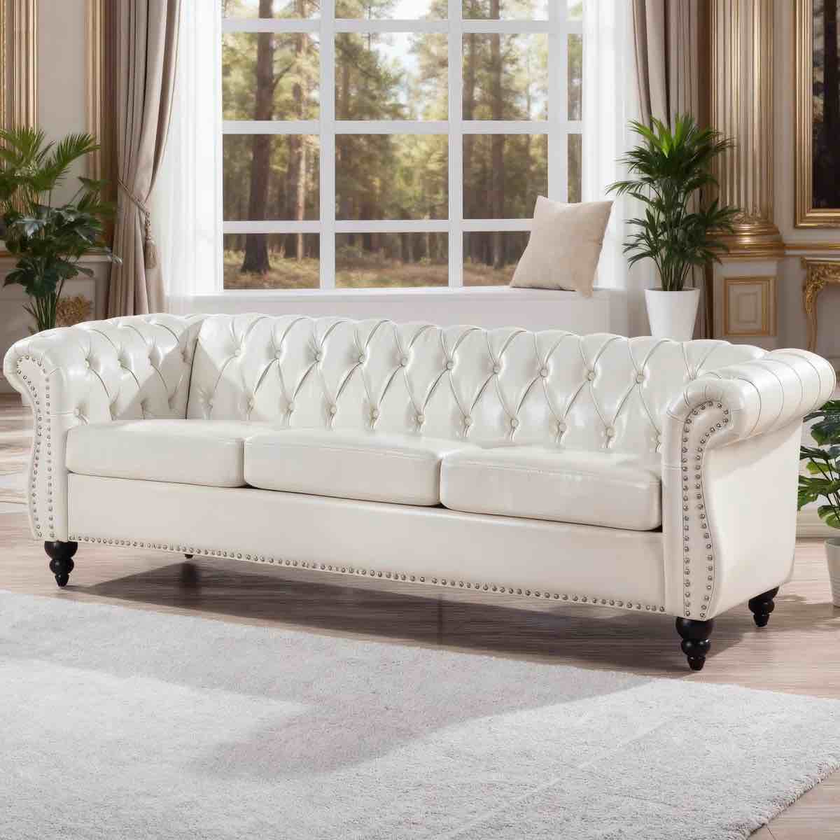 84" Classic Chesterfield Sofa, PU Leather Tufted 3-Seater Couch with Rolled Arms and Nailhead Trim