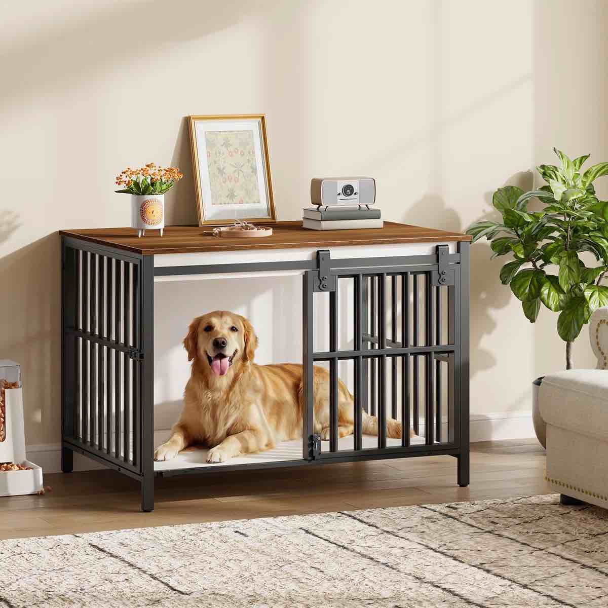 dog crate furniture with sliding barn door, dog kennel indoor for medium dogs