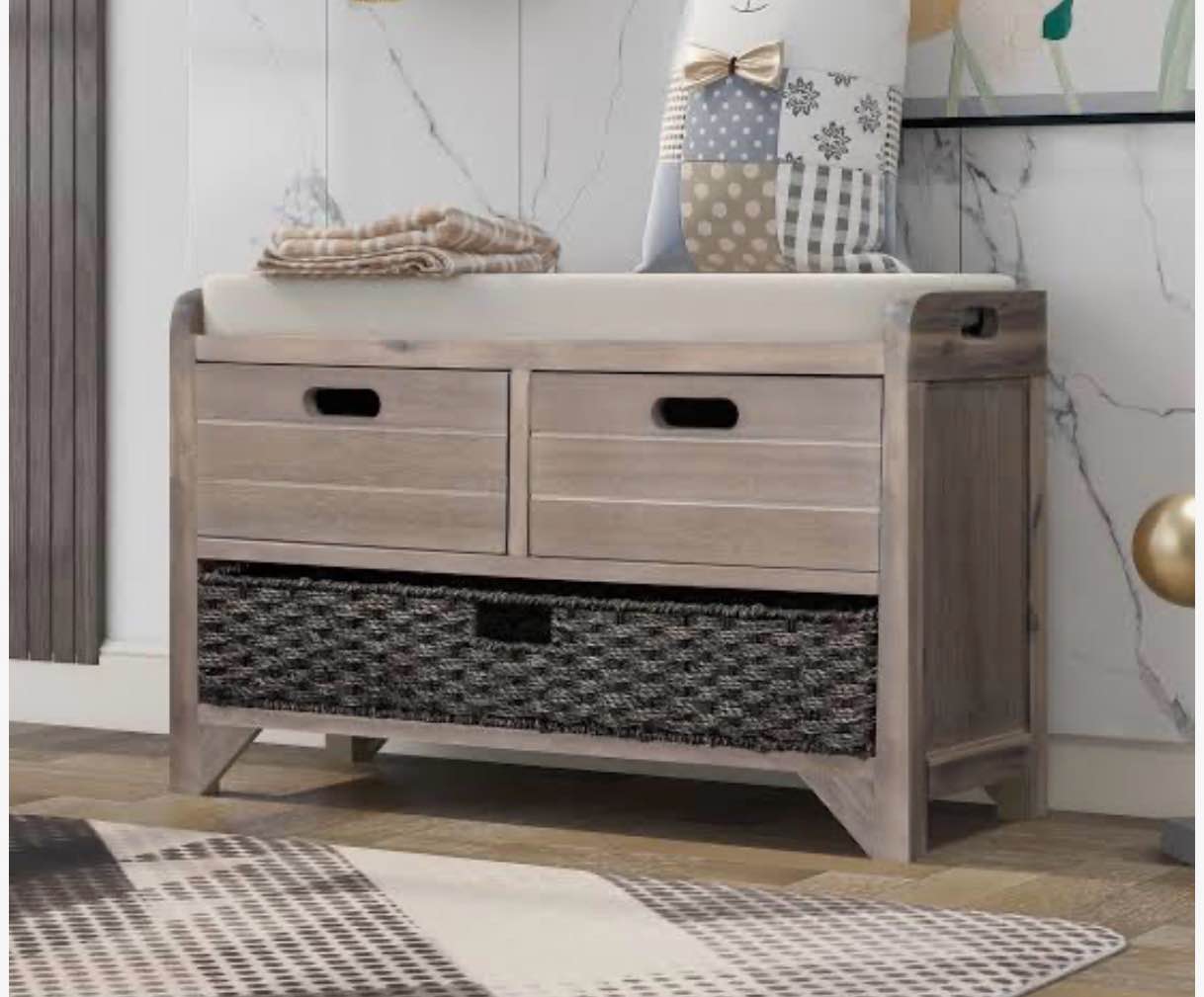 entryway bench with removable basket and drawers