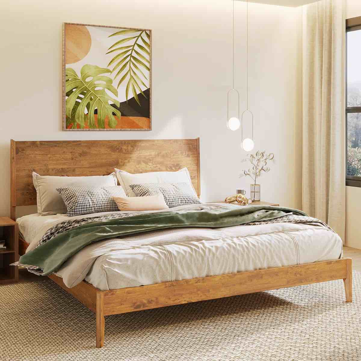 solid wood king bed frame with headboard, 800lbs capacity scandinavian platform bed, caramel finish, non-slip and noise-free, no box spring needed