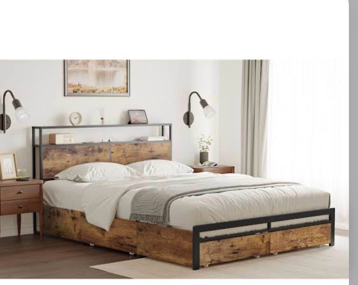 Queen Size Bed Frame with 4 Drawers, Bed Frame with Storage Headboard, LED Lights and Charging Station
