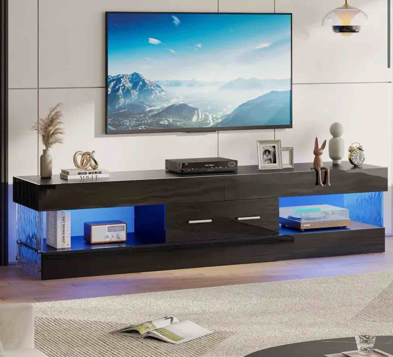 kruszewski glossy tv stand fits tv with drawer and led light stone grain media console
