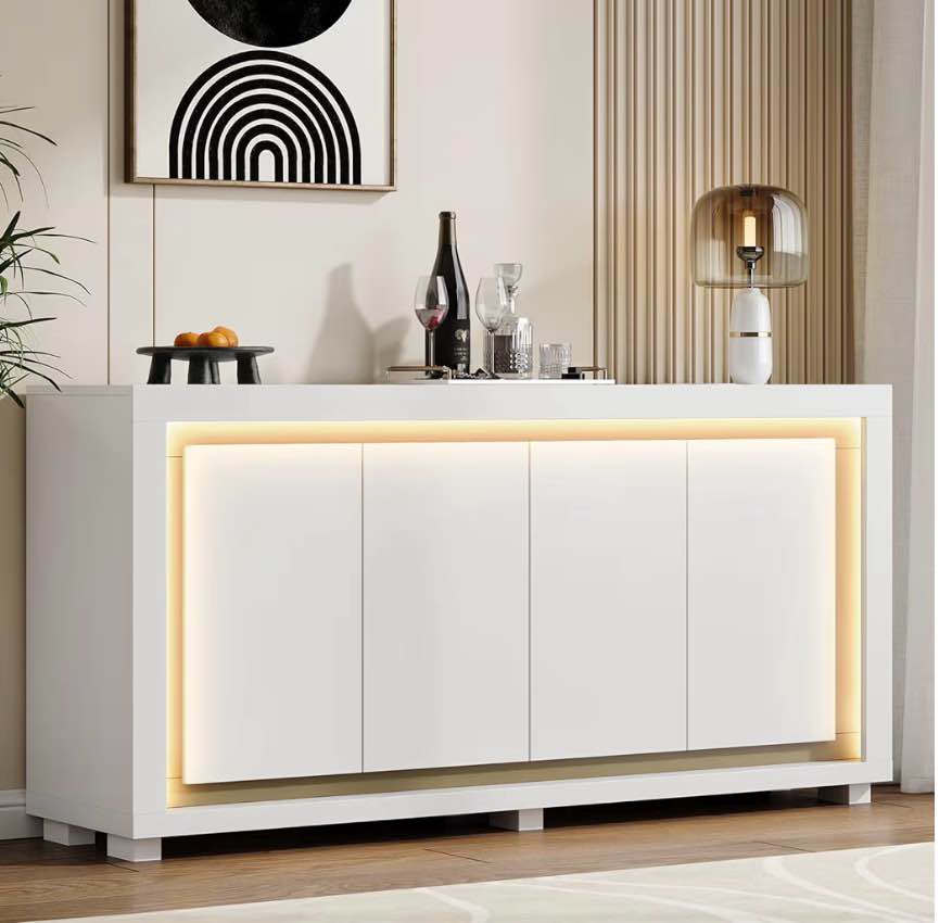 63"sideboard buffet cabinet,kitchen buffet storage cabinet with power outlets & led light, modern storage cabinet with 4 doors,coffee bar console wine bar for living room,kitchen,hallway (white)