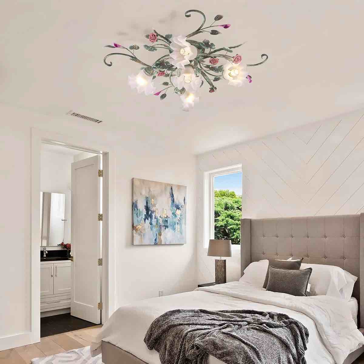 Flower Chandelier Ceiling Light,5-Light Pink Ceramic Rose Ceiling Lamp With Glass Lampshade,Flush Mount Ceiling Light Fixture For Living Room,Bedroom,Dinning Room,Hallway,Kitchen.