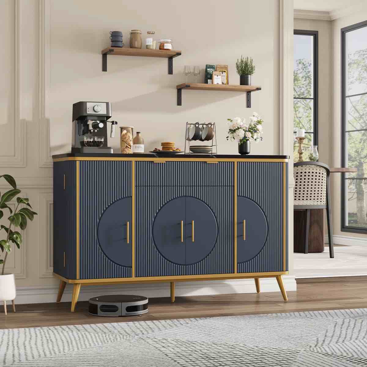 Condition photo showing New/Like New for george oliver fluted 54" buffet cabinet with storage, modern sideboard buffet cabinet with drawer & adjustable shelves, luxury kitchen storage cabinet for dining room, living room, navy blue