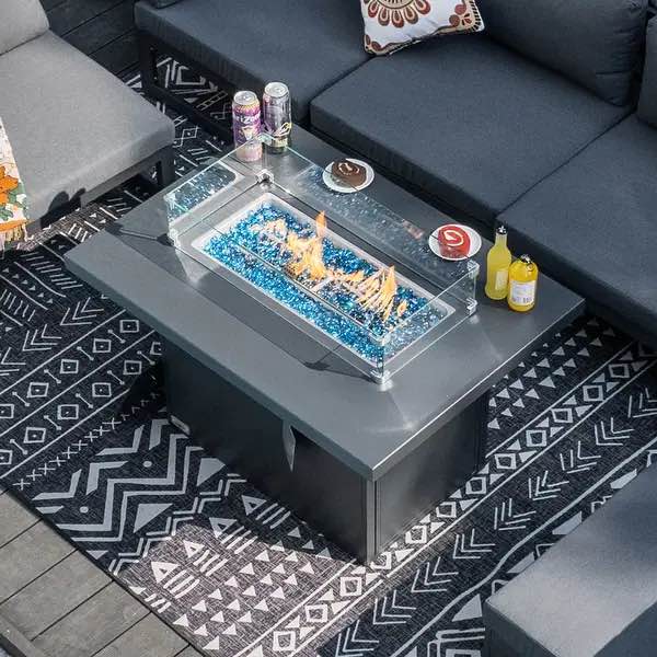 Condition photo showing New/Like New for brayden studio 43" all-aluminum outdoor fire pit table, 60,000 btu, propane ready, natural gas convertible, glass wind guard & waterproof cover - grey