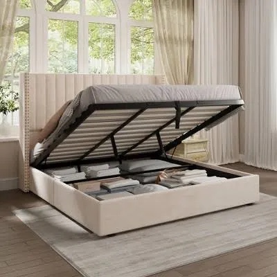 Condition photo showing New/Like New for lift up storage bed frame with 51" tall headboard, queen size bed frame with storage underneath, velvet wingback design, no box spring required, wood slats support, noise-free bed (queen,beige)