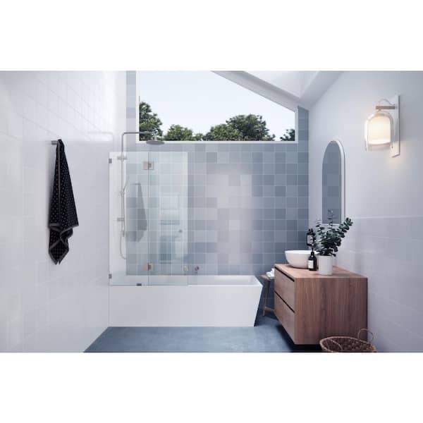 Condition photo showing New/Like New for woodbridge halo 34 in. w x 58.25 in. h glass hinged frameless tub door in brushed nickel with clear glass