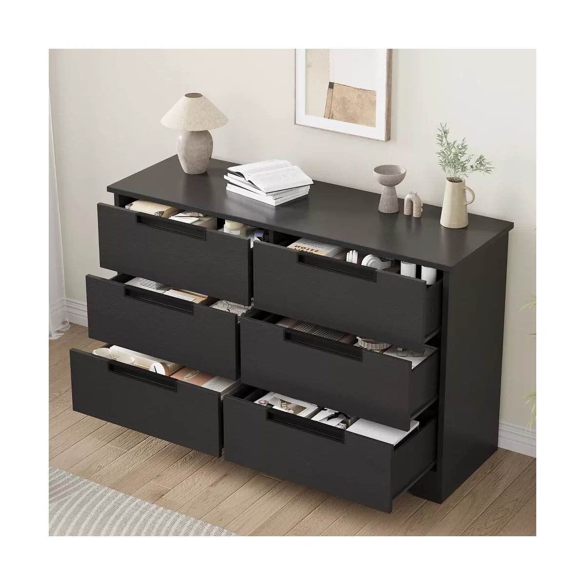 Condition photo showing New/Like New for black 6-drawer cabinet, wood storage organizer with recessed handles, for living room, bedroom, nursery or hallway