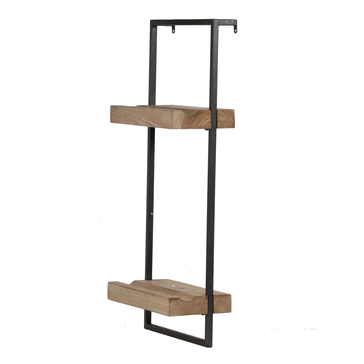 Condition photo showing New/Like New for 12"x6"x38.5" iron and wood wall shelf with two shelves