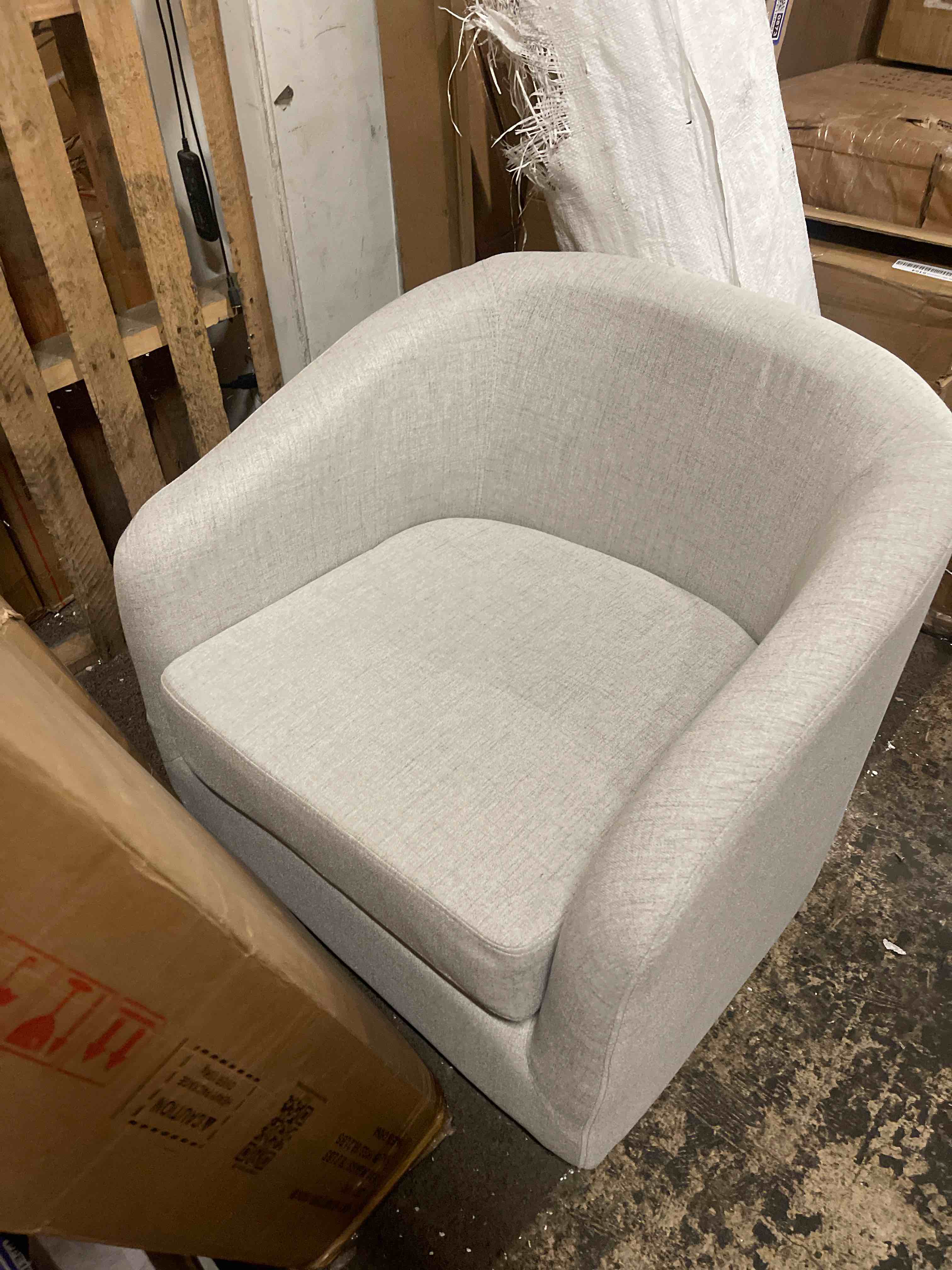 Condition photo showing New/Like New for swivel barrel chair, modern round pu leather accent armchair for living room, bedroom, oversized comfy club reading chairs for adults (fabric khaki, set of 1)
