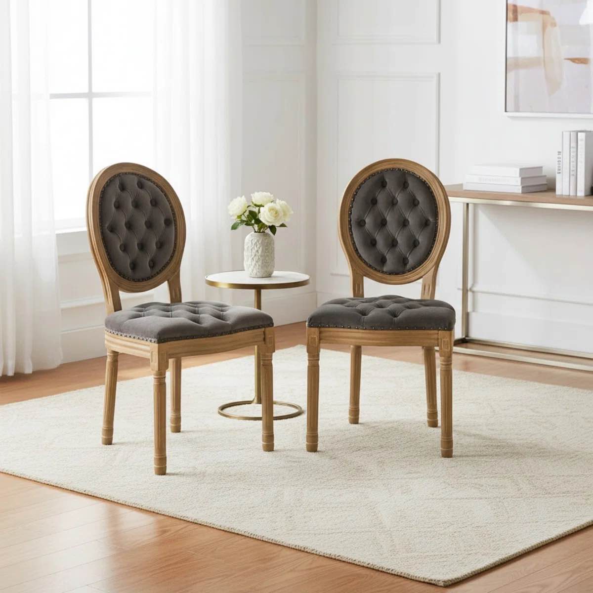 Condition photo showing New/Like New for (2)upholstered tufted side chair with nailhead trim decor king louis back solid wood dining chairs, set of 2