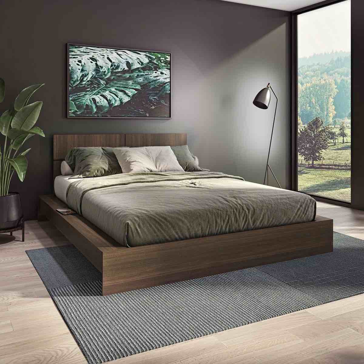 zen omega - platform bed with headboard - easy assembly, no box spring required- queen